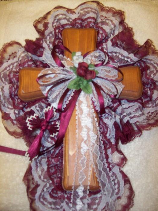 Hand-Carved Wooden Cross with Lace Trimmings