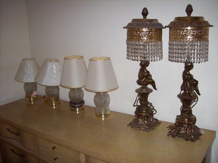 4 Simple, Clear Base Lamps & 2 Ornate Gold Lamps with Crystal Beads