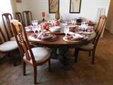 Beautiful Chinese Dragon-design round dining table with chairs. Solid hardwoods. American-made c. 1975