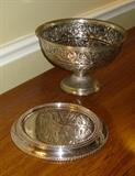 Pottery Barn pillar candleholder, silverplate centerpiece bowl
