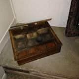 Tucker Alarm Till with coin tray. Used in general stores to allow the shopkeeper to wander away from the cash till. If someone pulled the drawer a bell is triggered. Under the drawer are levers that allow the shopkeeper to enter without sounding the alarm! Come try it out. Fun piece. Could be used as a cash till, hung on the wall as a shelf or set on a coffee table to hold remotes and serve as a conversation piece.