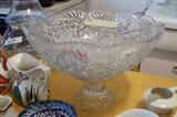 crystal punch bowl on stand and punch cups