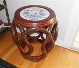 Asian hardwood barrel-shaped stool/table with ceramic inlay.