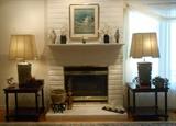 Table lamps are bronze with a nice patina finish and well made shades in excellent condition. Two end tables have wood tops and black legs. Century Furniture marked on bottom.