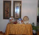 Framed art pieces. Teacups, silver plate pieces, Hall teapot, vintage made in England teaset.