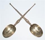 Pair of 1908 Ornate Gilded Silver Serving Spoons
