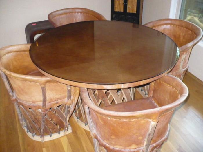 S. American Genuine Leather Glass Top Table & Matching Chairs