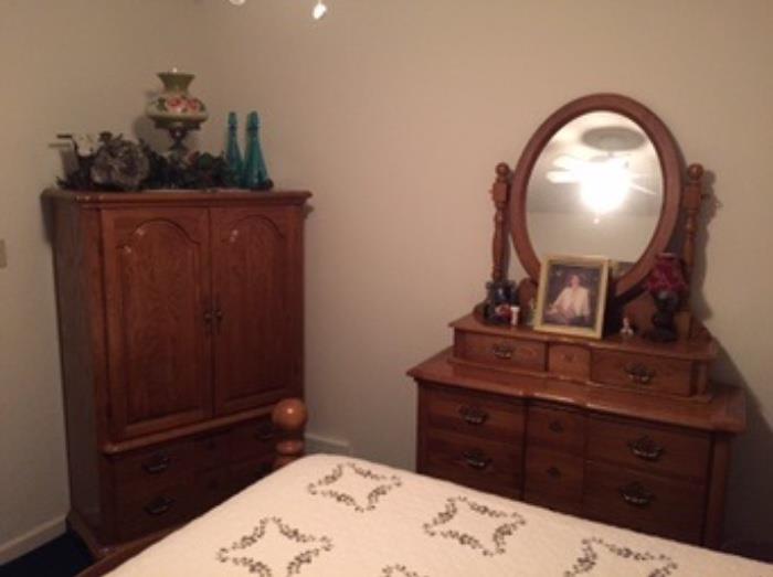 Tv armoire and dresser. Vintage lamp. Vintage decanters.