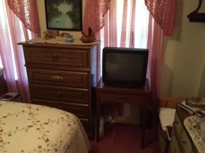 Small TV, dresser, Vintage pictures, Sewing machine/cabinet, adjustable bed