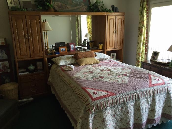 Wall unit bed, queen mattress/box springs in good condition, lamps, tons of sewing stuff