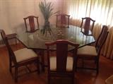 Thomasville "Mystic" Dining Table - Stunning Solid Wood Base in Octagon Shape with Beveled Glass and 8 Side Chairs. 66" Diameter