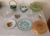 Various Decorative Pieces - Murano Green Glass Basket on Left