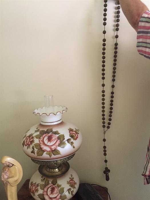 Beautiful vintage Huricane Lamp, large wooden rosary and Mother Mary figure