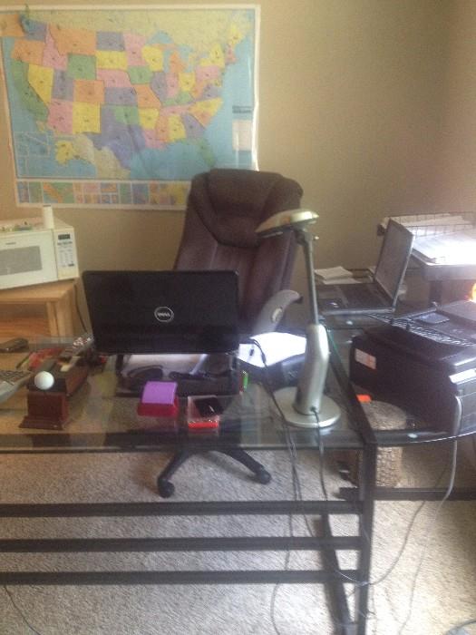 Desk,chair,printer,microwave,lamp,map and more office