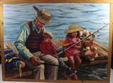 Item Description: A large unique vintage framed 3D picture of a grandfather fishing with his grandchildren made by a War vetran at the Vetrans Hospital in Southern Missori. This unusual piece of art uses some three dimensional objects, such as a teddy bear, fishing tackle and more, making it truly a one of a kind. 
