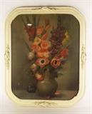 Item Description: A gorgeous antique still-life print depicting a vase full of poppies and Gladiolas in soft pastel shades of peach, moss and lavender.

