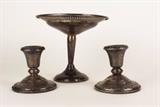 Item Description: A lovely grouping of fine sterling silver tableware including a pair of American Silver Co. tapered candlestick holders and a wonderful EL-SIL-CO pedestal candy dish having a pierced decorative rim. All pieces marked, "Sterling) to bottom.
