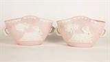 Item Description: A pair of vintage pink Jasperware double handled vases.
