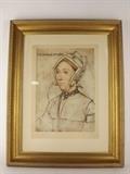 Item Description: An antique hand-colored portrait plate, engraved from the original drawings by Hans Holbein, caption reads "The Duchess of Suffolk" framed in a beautiful gold colored wooden frame. 
