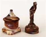 Item Description: A group of vintage chocolate marble glass items including a honey bee jar with lid and a figurine of a naked girl marked 81 on the bottom
