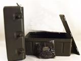Item Description: A military field hospital medical instrument and supply case made from aluminum, features a thick rubber gasket for a water and air tight seal, the box features two sections with a removable divider in between, the container has ten outside latches and convenient carrying handles. 
