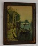 Item Description: A beautiful vintage landscape print by artist, N. Brigant presented in a gorgeous wooden frame gilded and embellished with a turquios blue floral motif in high relief.
