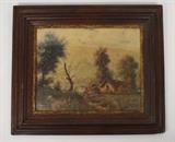 Item Description: A wonderful vintage print illustrating a landscape scene presented in a gorgeous antique wooden frame with scrolling gilded trim.
