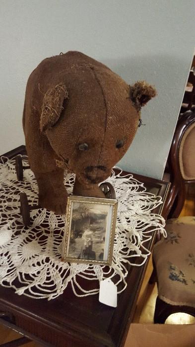 Vintage Steiff Mohair Jointed Bear Antique Cast Iron Wheels Circa 1910.  Stuffed Excelsior, Brown Glass Eyes, Black Stitched Nose