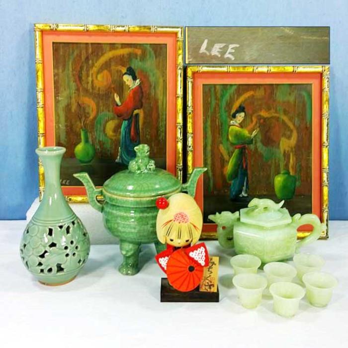 Asian Arts - Paintings, Jade style dragon tea. sake pot and 6 cups, celadon cut work vase and senser
