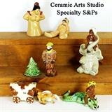 Ceramic Arts Studio Figurines Specialty Salt and Peppers with Boy and Alligator, Boy and Elephant, Paul Bunyan, Ox and Covered Wagon and Sample Comic Couple