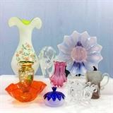 Lot of misc art glass with Fostoria heirloom, cranberry, mid-century, raised floral enamel and gold accent venetian, and more