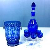 Cobalt Cut To Clear Crystal Decanter Set and Champagne Pail