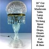 Ornate Cut Glass Mushroom Shade Lamp with drape prisms