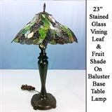 Stained glass Vining Leaf and Fruit hade on Baluster Base Table Lamp