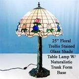 25 Floral Trellis Stained Glass Shade Table Lamp with Naturalistic Trunk Form Base