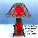 Ruby slag glass lamp with Nouveau caged shade and base