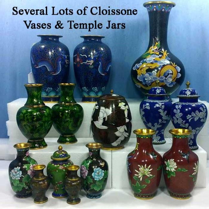 Several Lot of Cloisonné Vases, Ginger Jars, Temple Jars, Dragon, flower and bird motifs