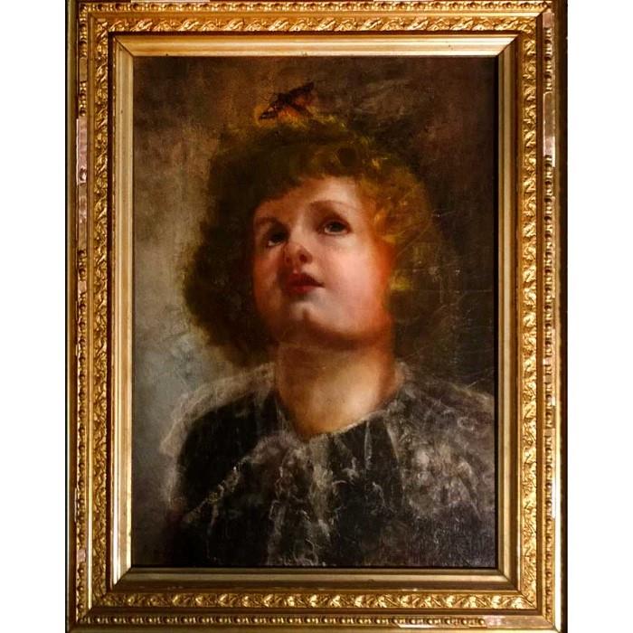1800s Oil on Canvas of cherubic child and butterfly signed Morgan