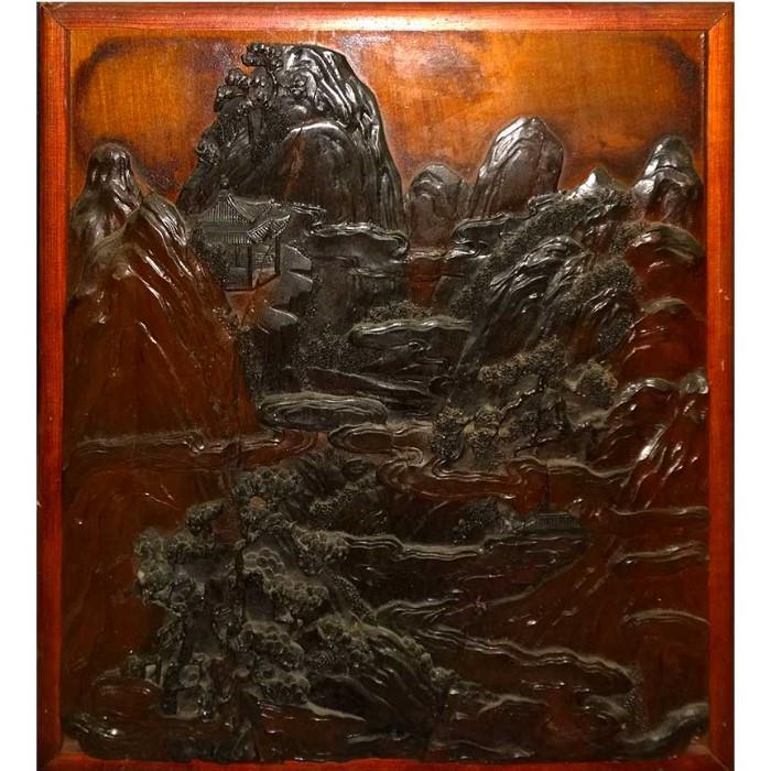 Detailed Asian Arts carved wood panel of mountain scenic valley with temple