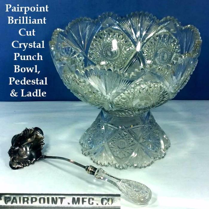 Pairpoint Brilliant Cut Crystal Punch Bowl, Pedestal & Ladle
