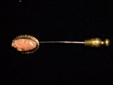 Antique 10kt Golfd and Coral Figural Lady Stick Hat Pin