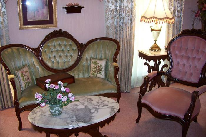 Victorian love seat and two matching Victorian chairs - all in pristine condition