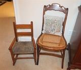 Antique cane seat chair and child's rocker