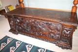 Stunning antique highly carved monk's bench / trunk with amazing details!