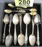 Lot of Vintage Sterling Silver Souvenir Spoons Total of 7 antique Sterling Silver collectible souvenir spoons from places such as Portland Oregon, Niagara Falls, Boston, New Orleans, Georgia, New York, & California. Makers include: Robbins Company, Watson & Newell, Charles M. Robbins, R. Wallace & Sons Mfg Co., and more!
Set of 5 tiny Demitasse spoons, each with a decoratively design handle. Measure 4" length.
Total Weight: 153.3 grams / 4.930 ozt