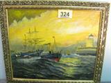 Art Vintage Signed Original Oil Painting Vintage original oil painting of large sailing ships and other boats with lighthouse on the right, signed by artist "A.J. Edwards" on lower corner. Displayed in gold painted wooden frame, measures 28" width x 24" height.