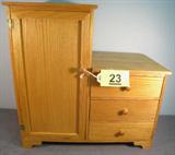 Vintage Miniature Wooden Doll Furniture Armoire Lovely miniature wooden furniture dresser / armoire for dolls, has 3 pull-out drawers and a hinged closet door with magnetic catch. Also comes with 4 miniature wire doll clothes hangers! No maker name or markings of any kind, measures 20.25" height x 19.75" length x 10.25" width.