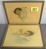 Art Lot of 2 Bessie Pease Gutmann Prints Two vintage early 1900s framed colored prints entitled "A Little Bit of Heaven" & "Awakening", each have printed signature by artist Bessie Pease Gutmann. Displayed in painted wooden frames, have some edge wear. Measure 19" width x 14" height.