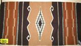 Native American Style Woven Wool Rug / Blanket Lovely American Indian style woven wool blanket / rug with white, green, browns, and black coloration. Tassel on each corner, in great condition. Has spot where it looks like a tag used to sewn, measures 40" length x 20.5" width.