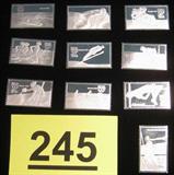1980 Olympic Sterling Silver Stamp Proofs 10 Sterling silver 1980s U.S.A Olympic team stamp proofs, issued by the Lake Placid Olympic Organization Committee.
10, 15 and 31 cent proofs depict both summer and winter Olympic games: Swimming, Speed Skating, Equestrian, Track, Ski Jumping, Ice Hockey, Alpine Skiing, Rowing, High Jump, and Javelin Throw.
Each measures 1.5" x 1".
Total weight: 3.810 ozt.